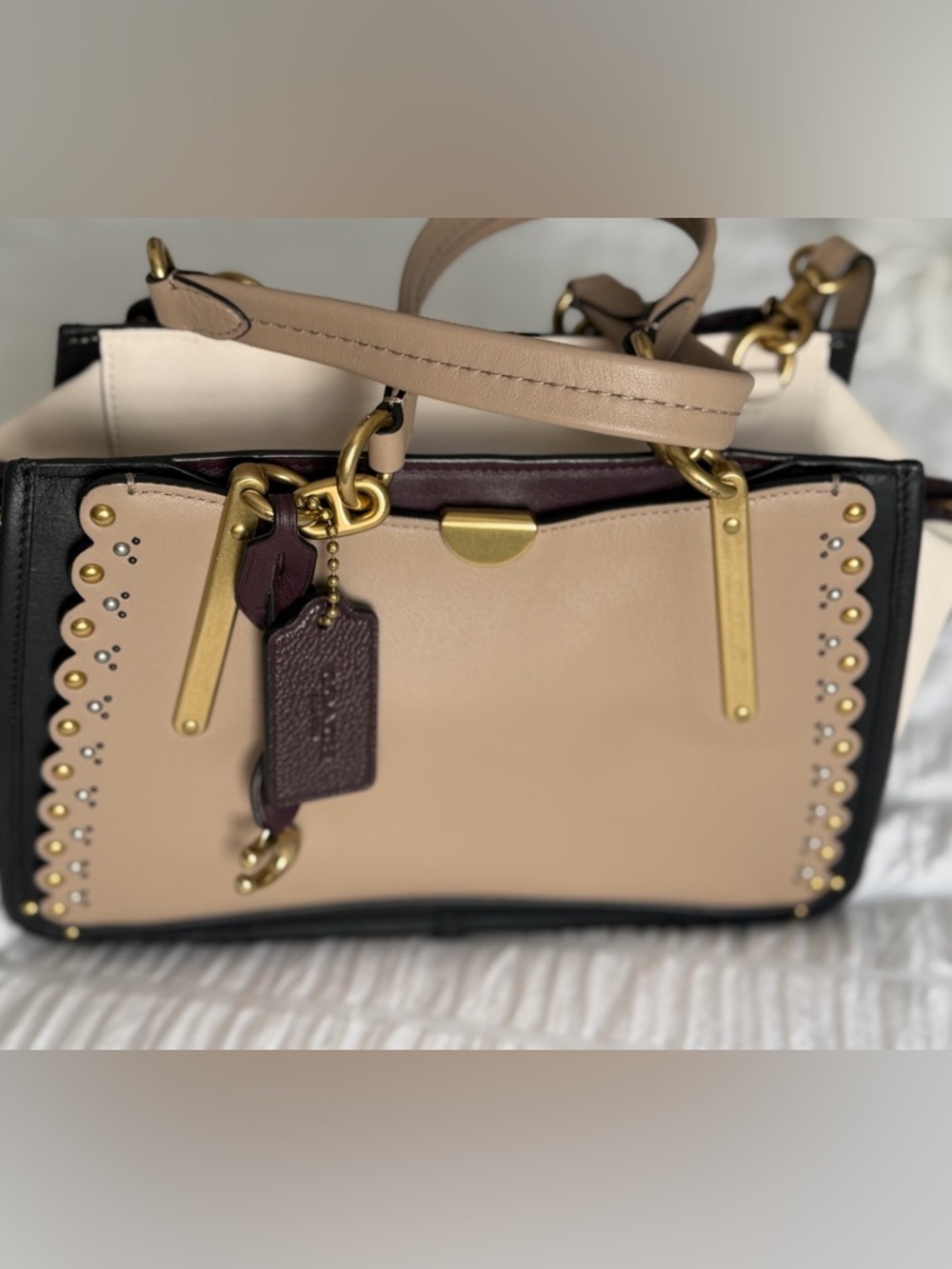 Coach Dreamer Colorblock Beige and Plum Leather Satchel with Gold Hardware